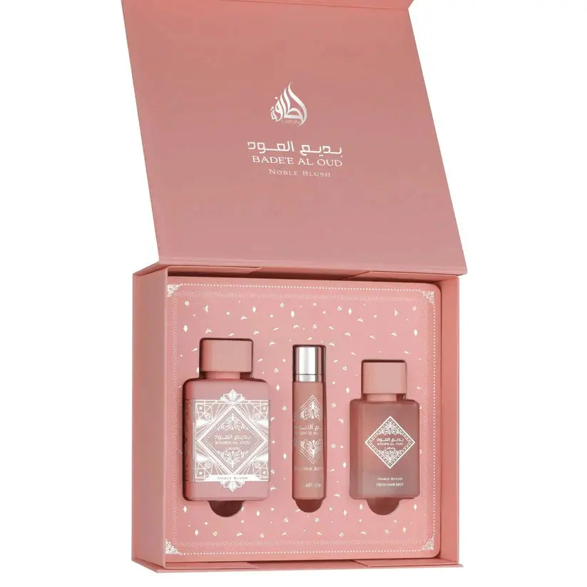 Badee Al Oud Noble Blush Gift Set 100ml + 12ml + Hair mist Lattafa